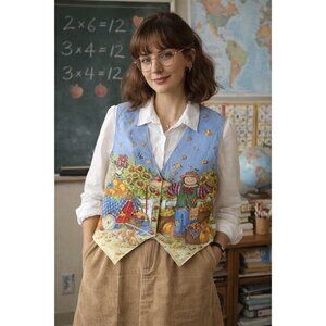 Vintage 90s Daisy Kingdom Womens Novelty Vest XL Fall Scarecrow Pumpkins Teacher